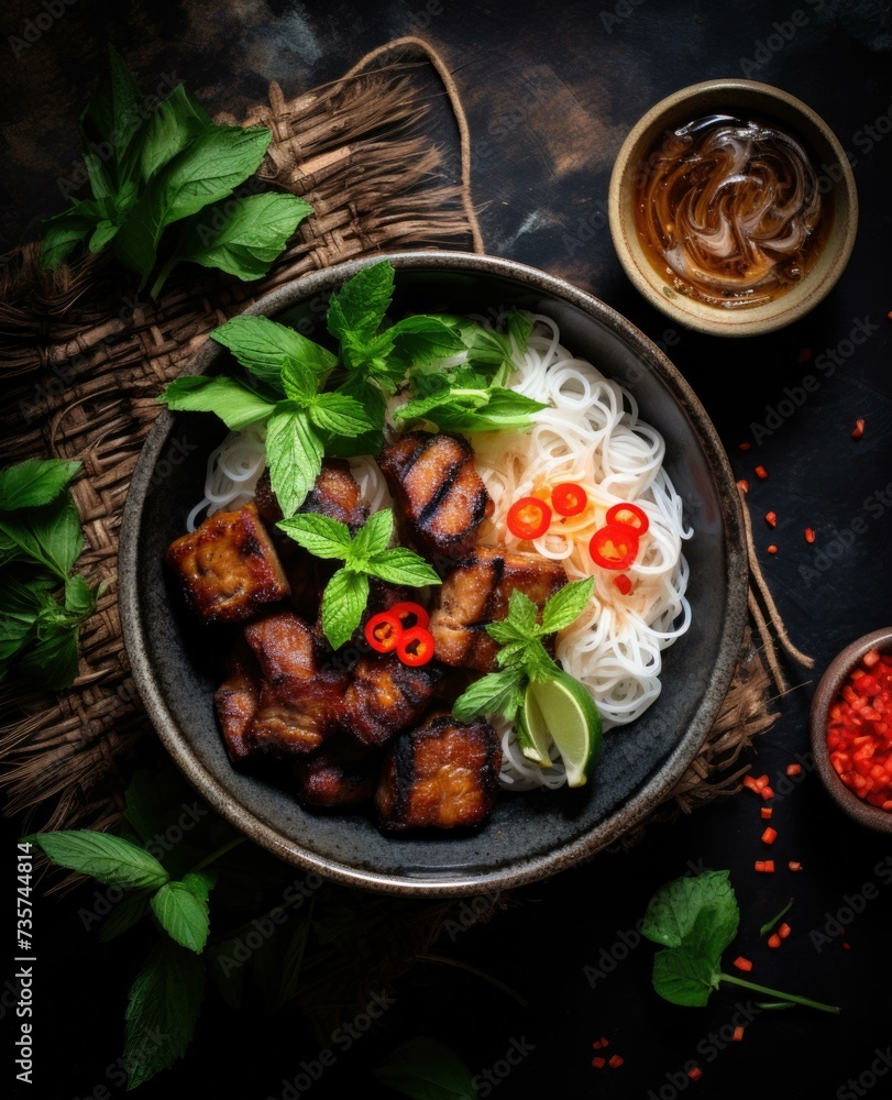 Chicken with rice noodles and basil on a black background. Generative AI. Chicken with rice noodles and basil on a black background. Generative AI.