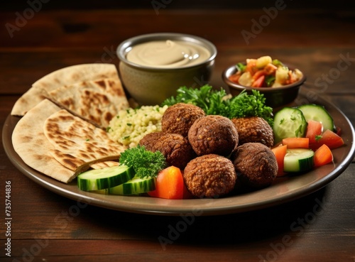 A plate with meatballs, pita bread and vegetables. Generative AI.
