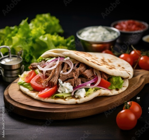 Greek gyro with meat, vegetables and tomatoes on a wooden board. Generative AI.