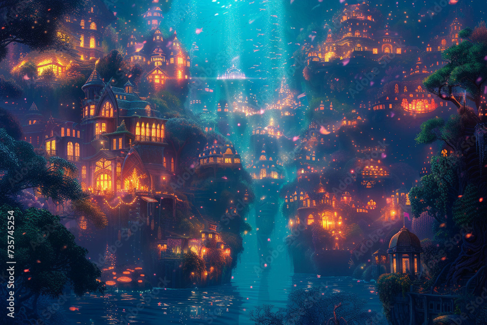 A fantastical underwater cityscape of swirling kelp forests and glowing coral reefs inhabited by whimsical sea creatures
