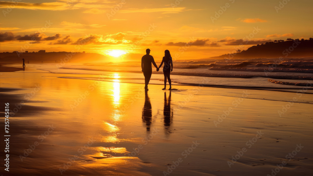 Romantic silhouette of a couple on the sand of a sunset beach with surf and sun