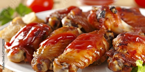 Chicken wings adorned with ketchup, american food photo