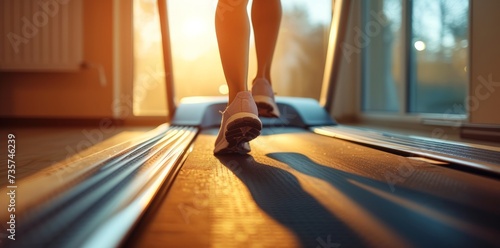 Close up shoes woman's muscular legs feet during running on treadmill workout photo