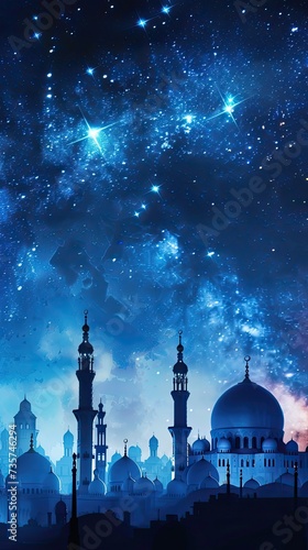 Ramadan Kareem season greeting Card with mosque and shiny star night Background, Generative Ai
