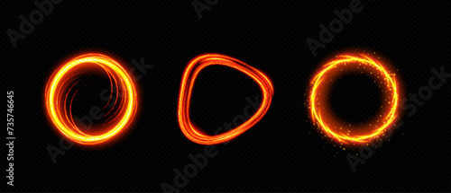 Fire circle and triangle magic portal with flare and sparkles. Realistic vector illustration set of bright light glowing neon ring frame or door. orange flame energy ring on transparent background.