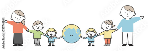 地球と手をつないでいる色々な世代の人物。地球環境の保護や平和のイメージ