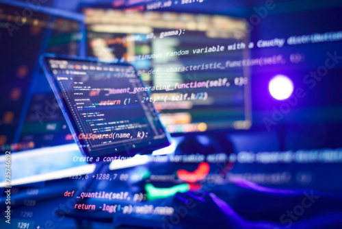 Working atmosphere of a programmer at home, background. Programming code abstract screen photo