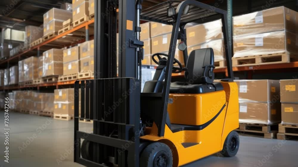 A forklift picking up cargo boxes from a line of neatly ordered stacks. d A forklift picking up cargo boxes from a line of neatly ordered stacks. d