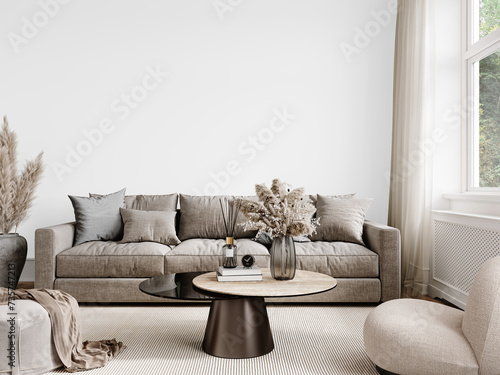 Free PNG wallpaper mockup in living room interior with sofa, isolated on transparent background, 3d render, 3D illustration 