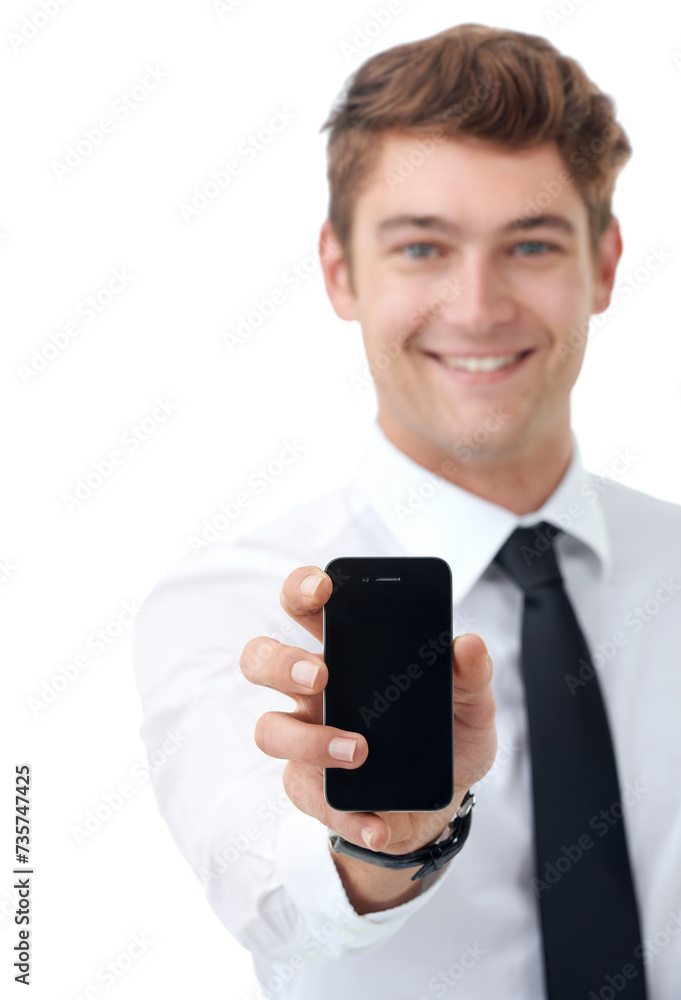 Businessman, portrait and presentation of phone in studio with smile in backdrop of white background. Man, excited and showing app for company with mobile screen for technology in professional work Businessman, portrait and presentation of phone in studio with smile in backdrop of white background. Man, excited and showing app for company with mobile screen for technology in professional work