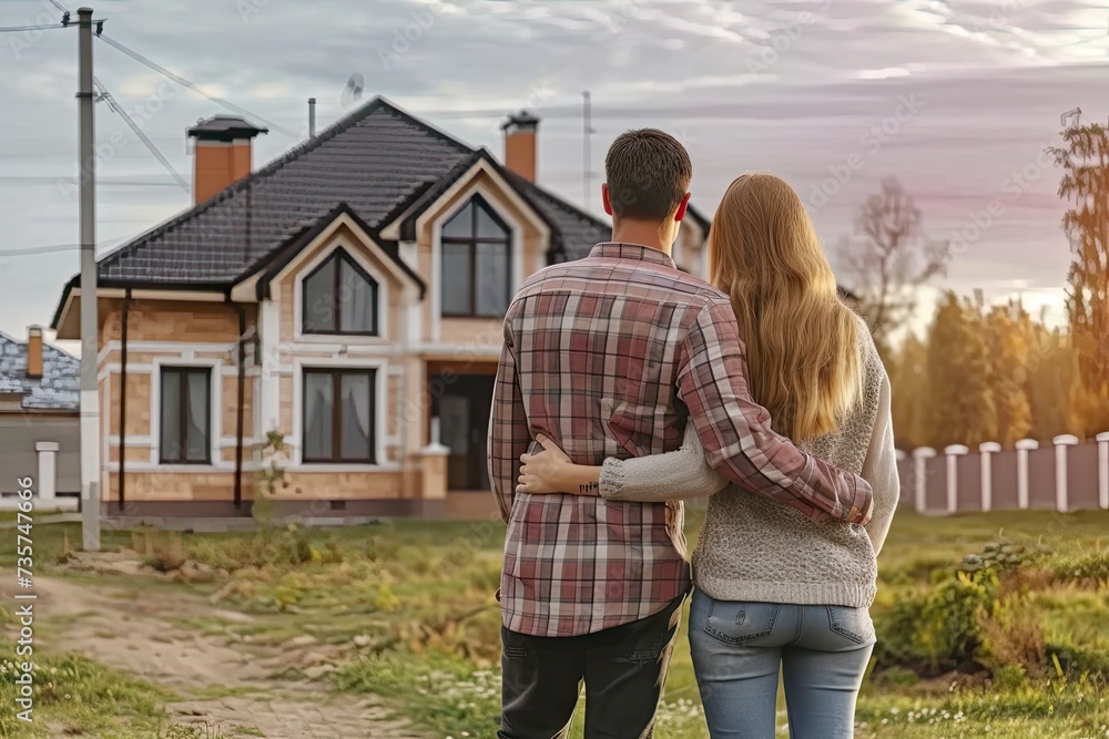 Naklejka premium Lovely couple embraces with joy and affection in front of new house symbolizing significant milestone in life together happy young man and woman possibly just having invested in dream home