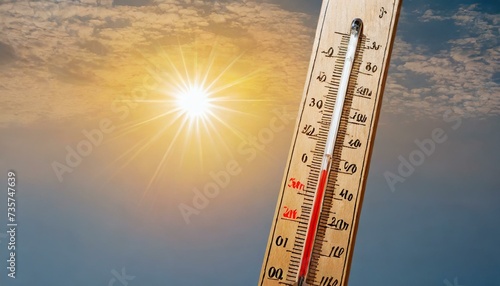 thermometer in sky, A thermometer with the sun as a background, indicating rising temperatures