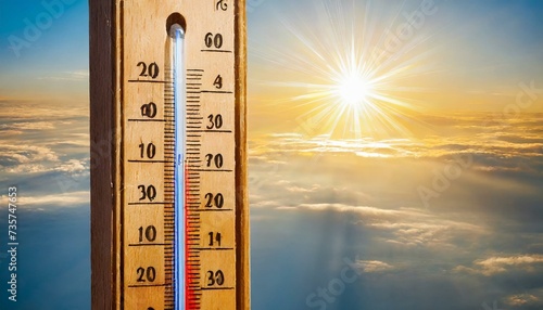 thermometer in the sky, A thermometer with the sun as a background, indicating rising temperatures
