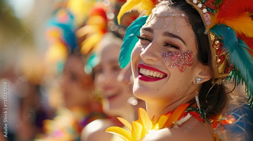 Joyful woman celebrating at a sunny carnival event, wearing colorful costume and feather headdress. festive mood and bright colors. AI Joyful woman celebrating at a sunny carnival event, wearing colorful costume and feather headdress. festive mood and bright colors. AI