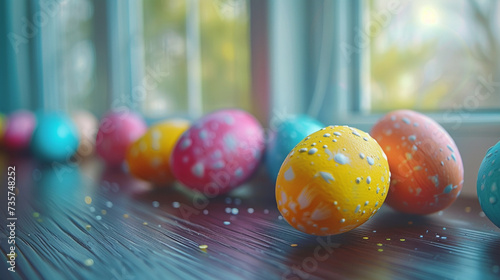 Easter egg on the table with beside window background.