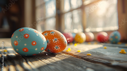 Easter egg on the table with beside window background.