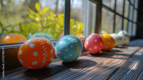 Easter egg on the table with beside window background.