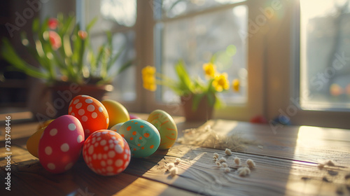 Easter egg on the table with beside window background.