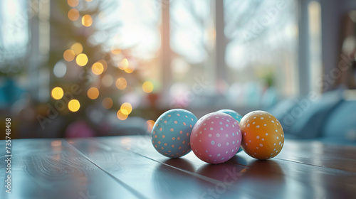Easter egg on the table with beside window background.