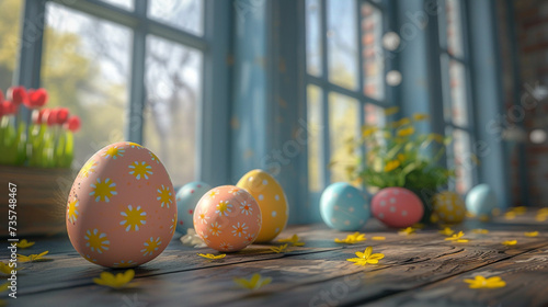 Easter egg on the table with beside window background.
