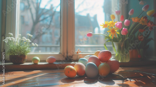 Easter egg on the table with beside window background.