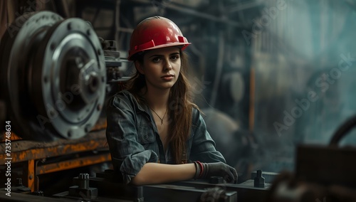 Female worker in hard hat at industrial plant. focused engineer in machinery workshop. industrial job, safety first. AI