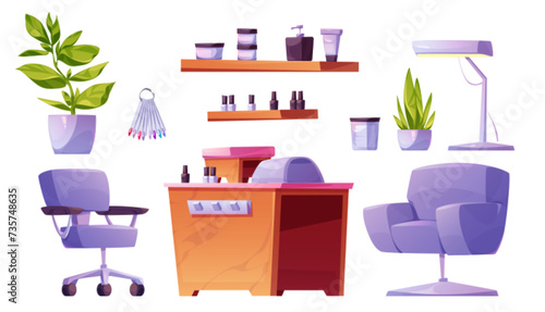 Nail salon interior elements isolated on white background. Vector cartoon illustration of manicure led lamp, polish bottles on desk, comfortable armchairs, hand cream jars on shelf, flower pots