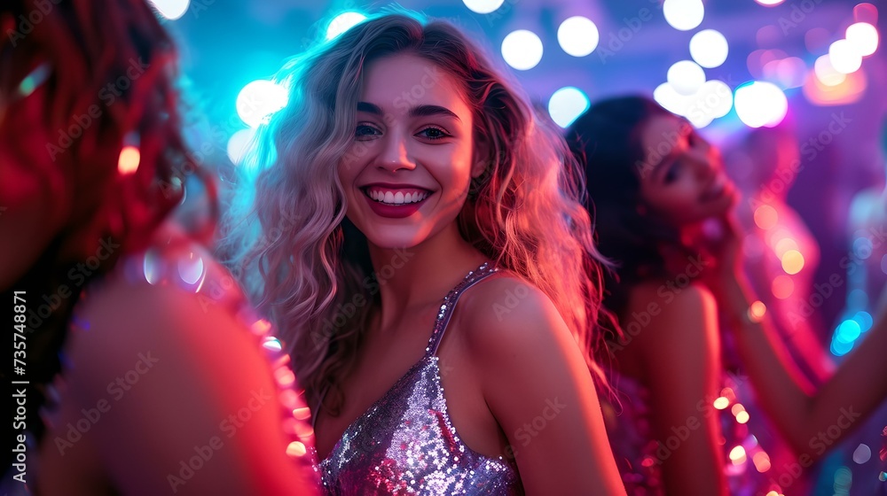 Young woman enjoying a vibrant party with friends. sparkling dress and lights. joyful atmosphere in a club setting. perfect for festive occasions. AI