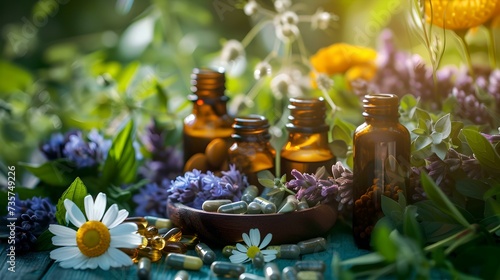 Serene herbal essence and aromatherapy in nature. glass bottles among fresh flowers. natural healing concept with sunlight. AI
