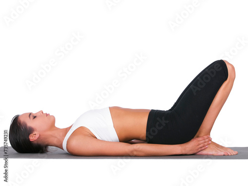 Woman, yoga and stretching in pilates for exercise, training or workout on a white studio background. Calm female person or yogi in body warm up, balance or pose for zen or fitness on mockup space