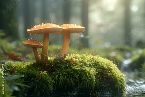 Mystical forest scene with sunlit mushrooms on moss-covered ground. enchanting natural beauty captured in daylight. perfect for eco and fantasy themes. AI