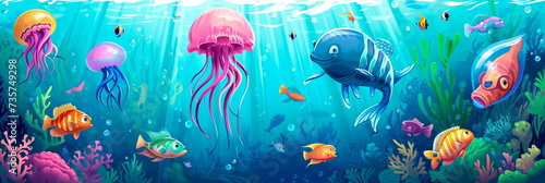 cartoon fish, jellyfish and other sea creatures ,Generative AI © Лилия Захарчук