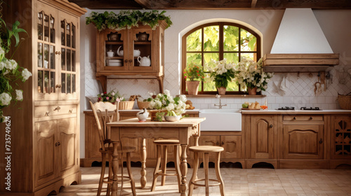 Spacious Kitchen With Natural Wood Furniture and Ample Natural Light. Interior of a modern kitchen made of solid wood.