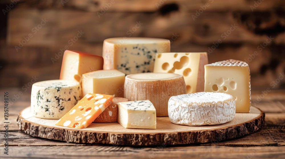 Assorted Farm Cheese on Wooden Plate