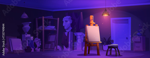 Night art studio interior design. Vector cartoon illustration of dark room for drawing and sculpture classes, blank canvas on easel, stool under lamp, paper, vases, statues on shelf, painting school