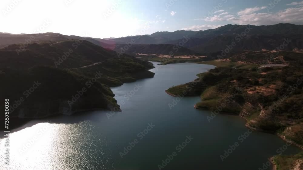 Aerial Panning: Beautiful View Of Lake And Tranquil Mountains Against Sky On Sunny Day - Santa Barbara, California Aerial Panning: Beautiful View Of Lake And Tranquil Mountains Against Sky On Sunny Day - Santa Barbara, California