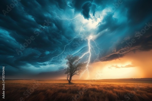 A powerful thunderstorm with striking lightning illuminating a single tree in a vast field at sunset.