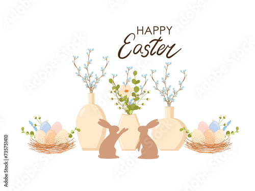 Greeting card, "Happy Easter", pre-made design of a flyer, banner, poster, vector illustration on a white background, Easter hares and eggs, flower arrangement in a vase