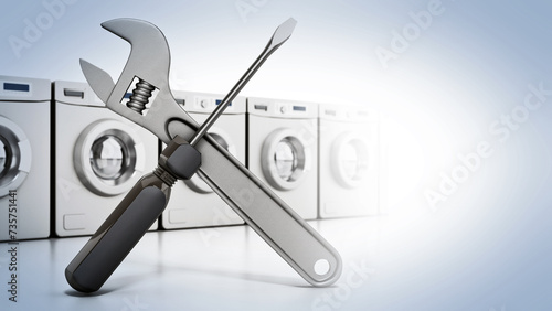 Washing machines, wrench and screwdriver. Household appliance repair concept. 3D illustration