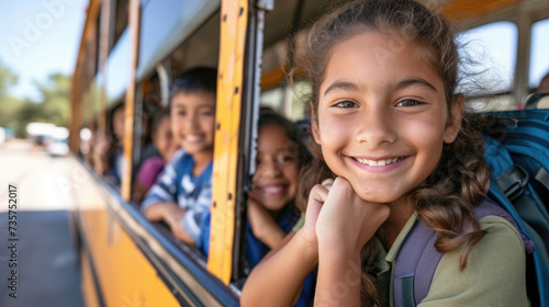 Little schoolchildren look out the window of a school bus.
