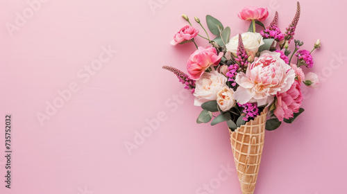 A bouquet of beautiful spring flowers in a waffle cone on a pink background, top view.