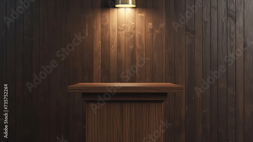 Wooden podium tribune, dark wood tribune for background.