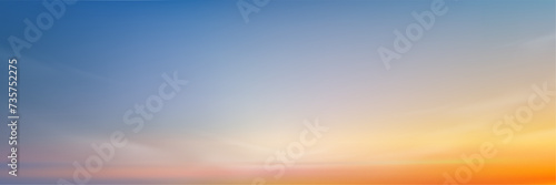 Sunset Sky in Summer Evening for Background,Beautiful Nature Landscape Spring Sunrise in Morning with Blue,Orange,Yellow,Pink,Vector Holiday Banner Horizon panoramic Sunlight,Clouds by sea beach