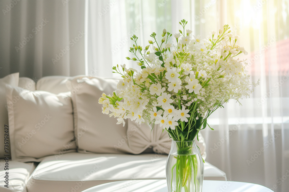 Beautiful delicate flowers in a vase on a table in a sunny room in White colours Beautiful delicate flowers in a vase on a table in a sunny room in White colours