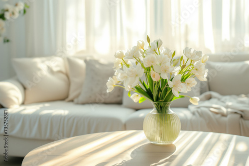 Beautiful delicate flowers in a vase on a table in a sunny room in White colours © Alina Zavhorodnii