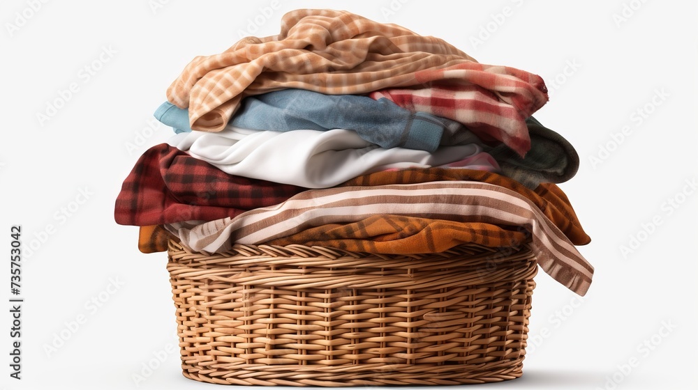 Obraz premium Stack_of_clean_clothes_and_Wicker_basket_with_clean cloth on white background ai genertaed image