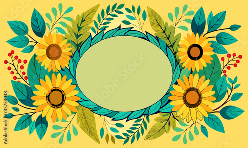 A rectangular border frame with sunflowers in each corner and smaller sunflower accents along the edges.