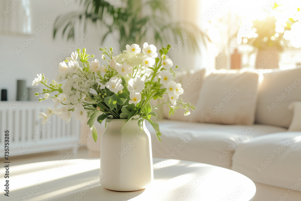 Beautiful delicate flowers in a vase on a table in a sunny room in White colours