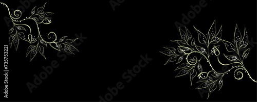 Golden Line art botany banner. Japanese style Hand drawn vector. Line art style design. Concept traditional Asian Card with space for text wedding, invitation, template card Golden frames.