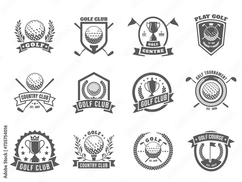 Golf logo. Emblem badges with golf clubs and balls for course emblem, retro country club badges with tee and ball. Vector isolated set Golf logo. Emblem badges with golf clubs and balls for course emblem, retro country club badges with tee and ball. Vector isolated set